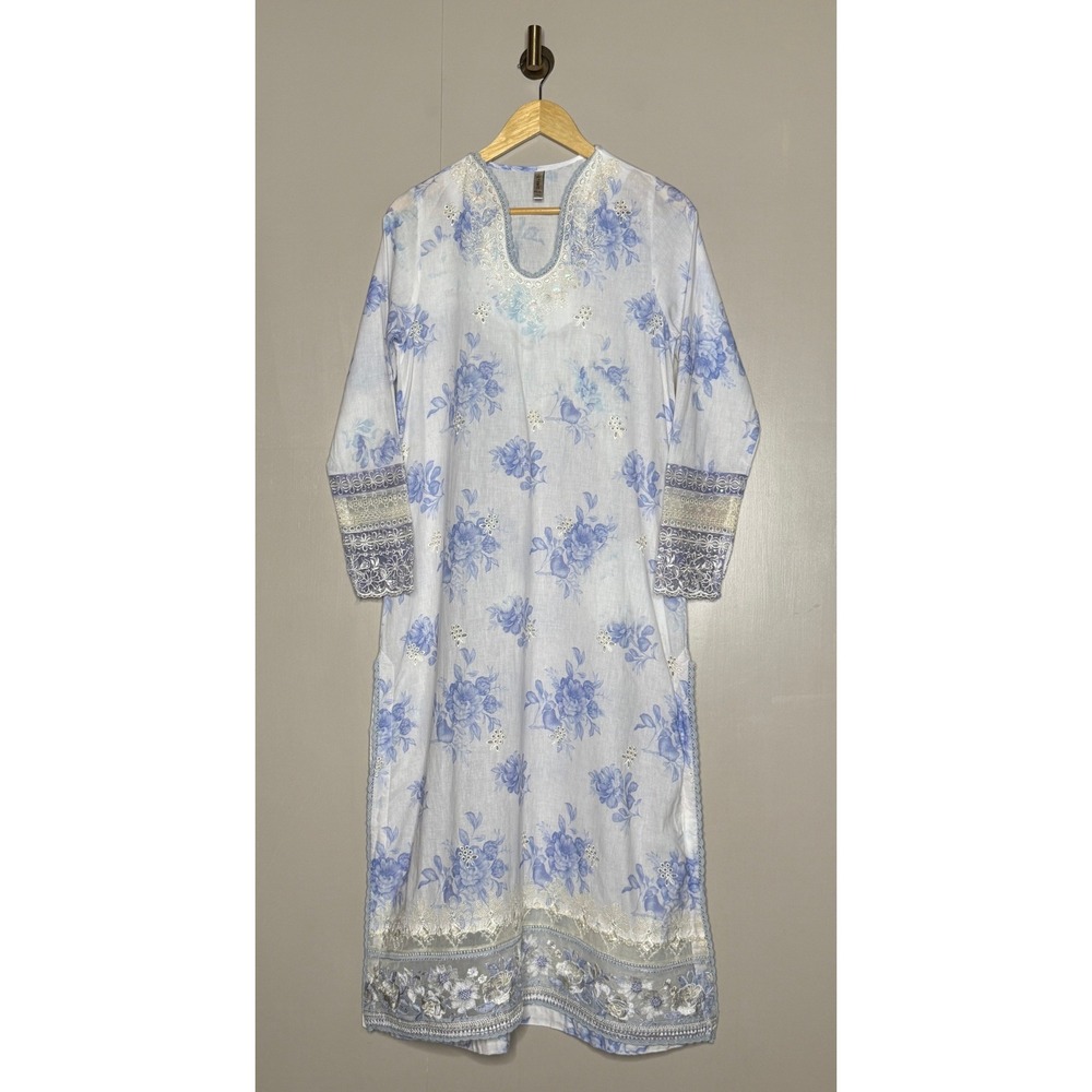 Ethnic Rozana Blue Floral Cotton Linen Kurta Tunic Dress Womens Small